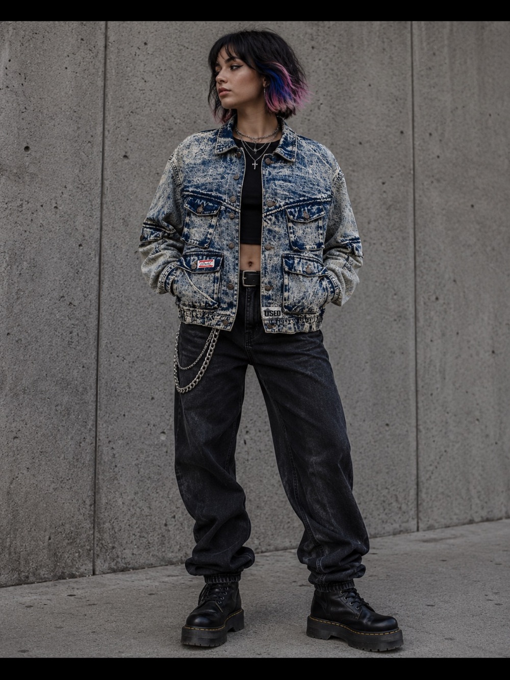 Streetwear Utility grunge Denim Jacket Vintage 80s Acid Wash Sml